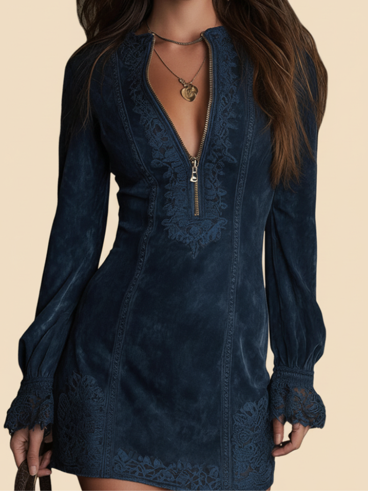 Rachel – Blue Suede Mini Dress with Lace