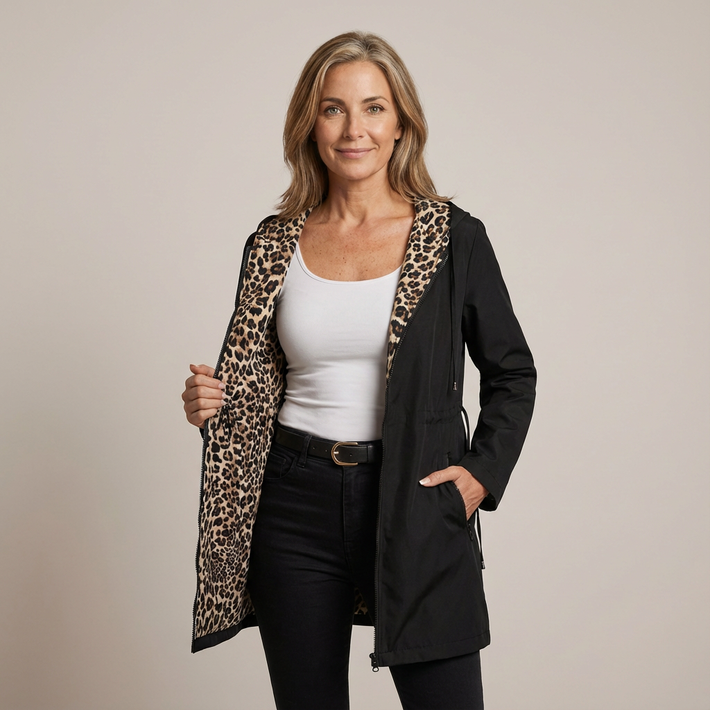 Reversible Hooded Coat with Leopard Print
